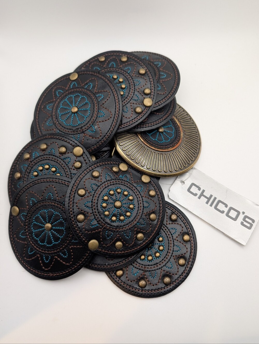 Chico's Brown & Teal Embroidered Medallion Boho Belt - Size L